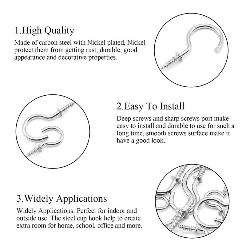 DYWISHKEY 136PCS Nickel Plated Screw-in Cup Hooks Kit - 7 Sizes for Home, Office and Workplace (1/2", 5/8", 3/4", 7/8", 1", 1-1/4", 1-1/2") - Image 5